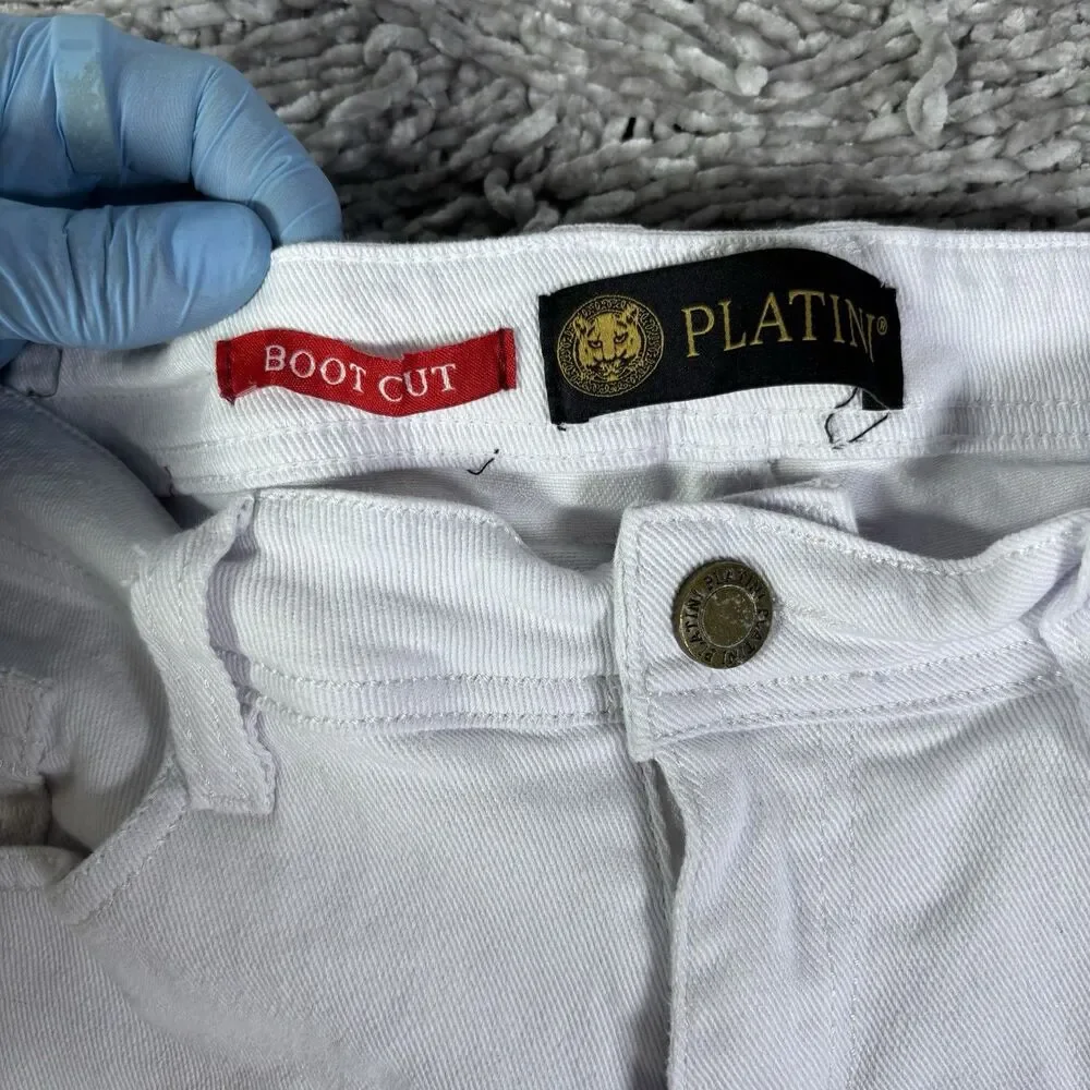 Platini Boot Cut Jeans Mens 32x30 White Denim Preppy Designer Stretch Flex Party